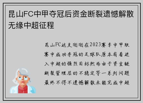 昆山FC中甲夺冠后资金断裂遗憾解散无缘中超征程 昆山FC中甲夺冠后资金断裂遗憾解散无缘中超征程